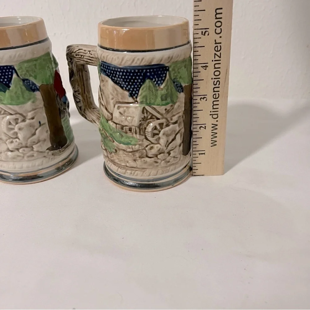 (2) Vintage German Beer Steins Made Japan Tree Handle German Artwork Excellent